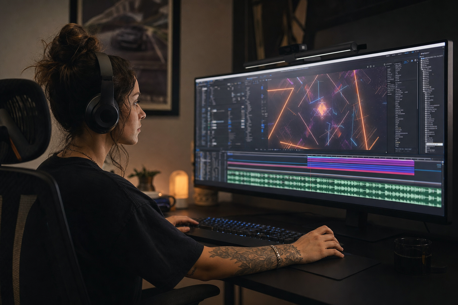 Young woman motion designer syncing animation to music in After Effects on ultrawide monitor