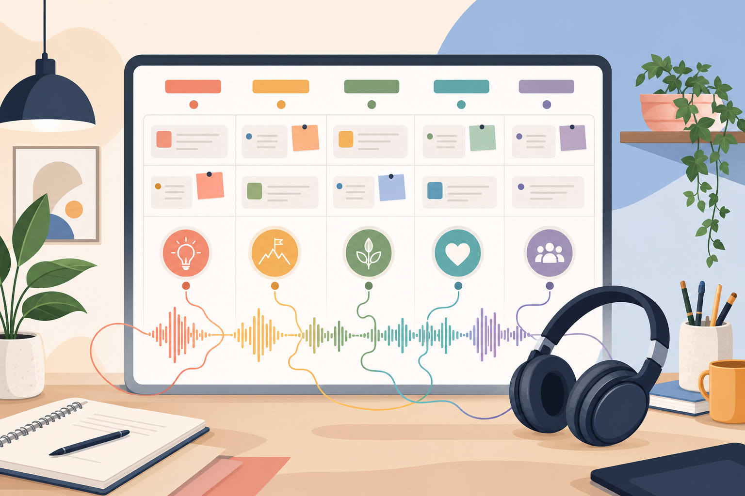 Content calendar board with topic pillars each connected to a distinct music waveform