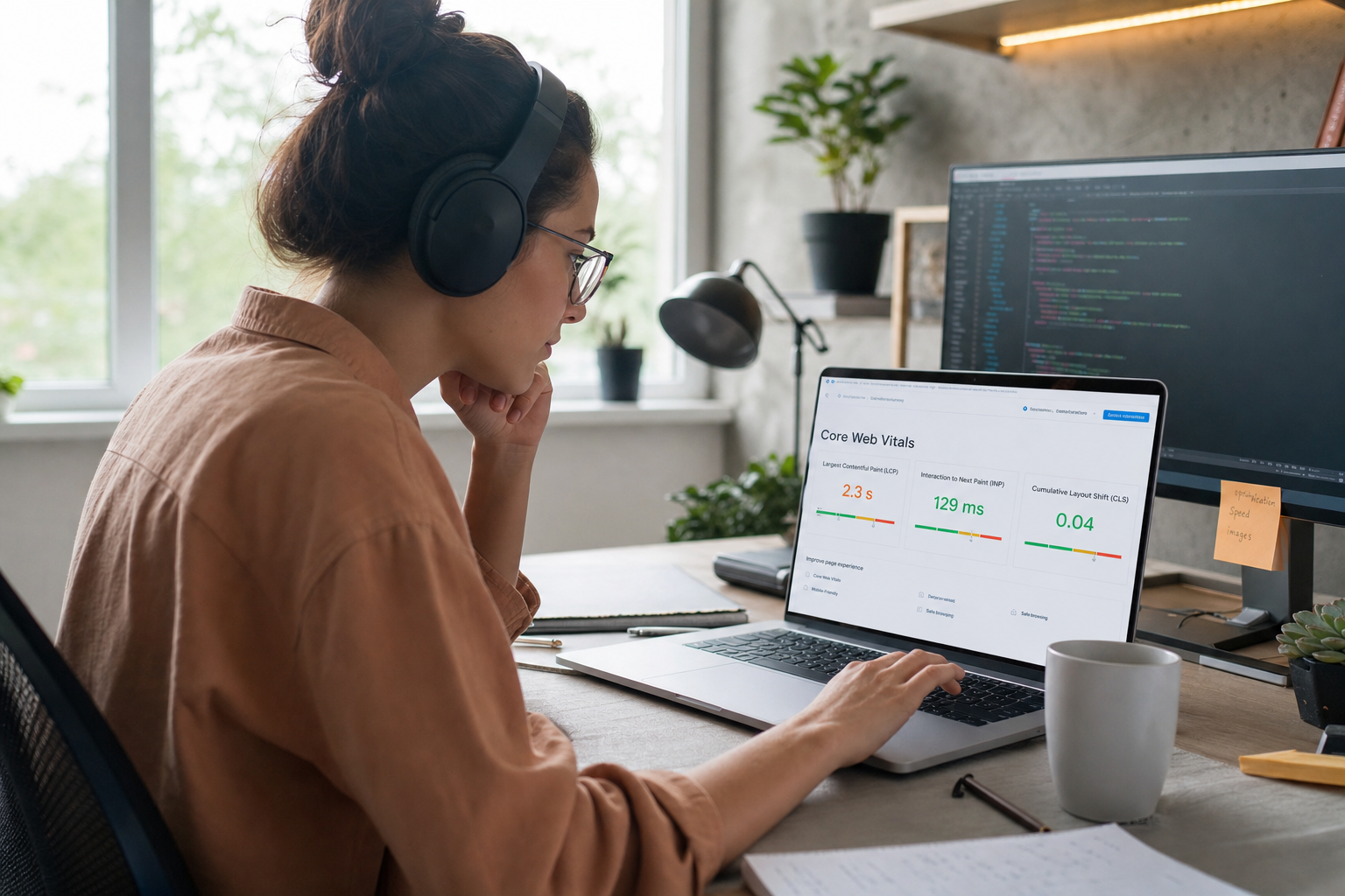 Young woman web creator analyzing site performance metrics on a laptop with headphones