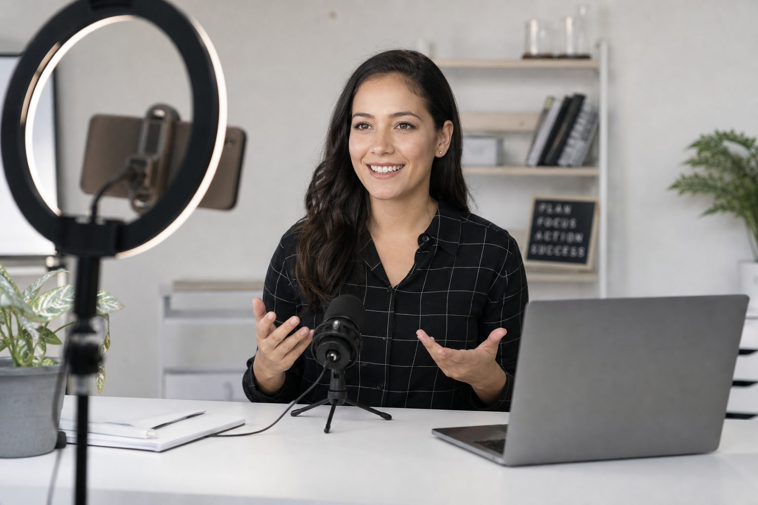 Young woman recording a newsletter video with ring light and laptop in a clean studio