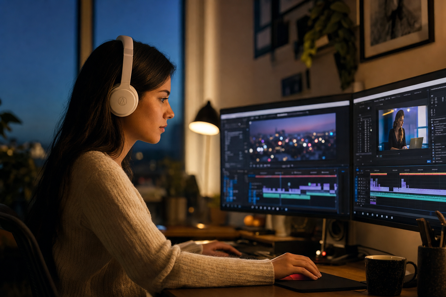 Young woman creator editing videos at night with headphones and warm desk lamp glow