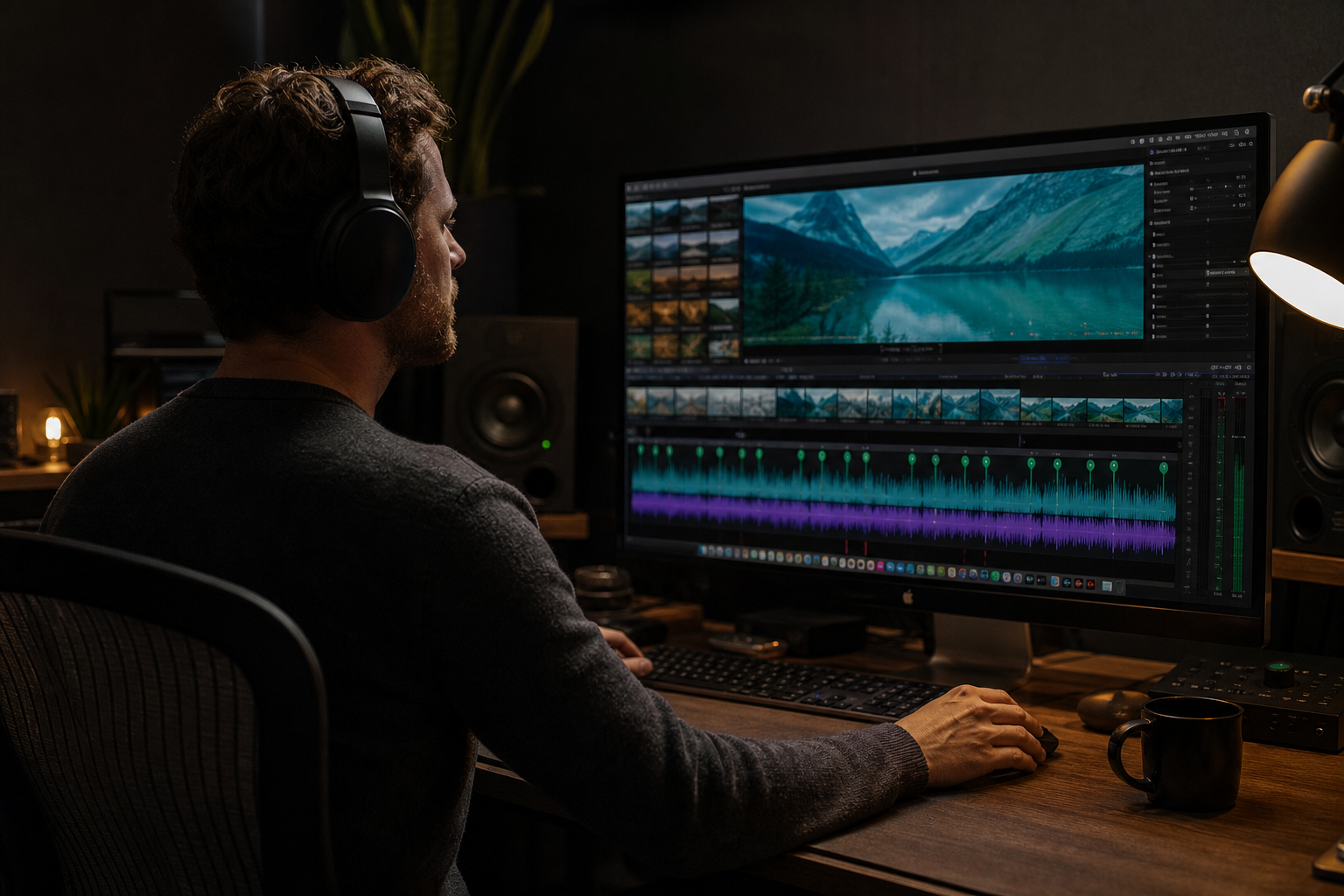 Final Cut Pro timeline with beat markers and colorful audio waveform on Mac display