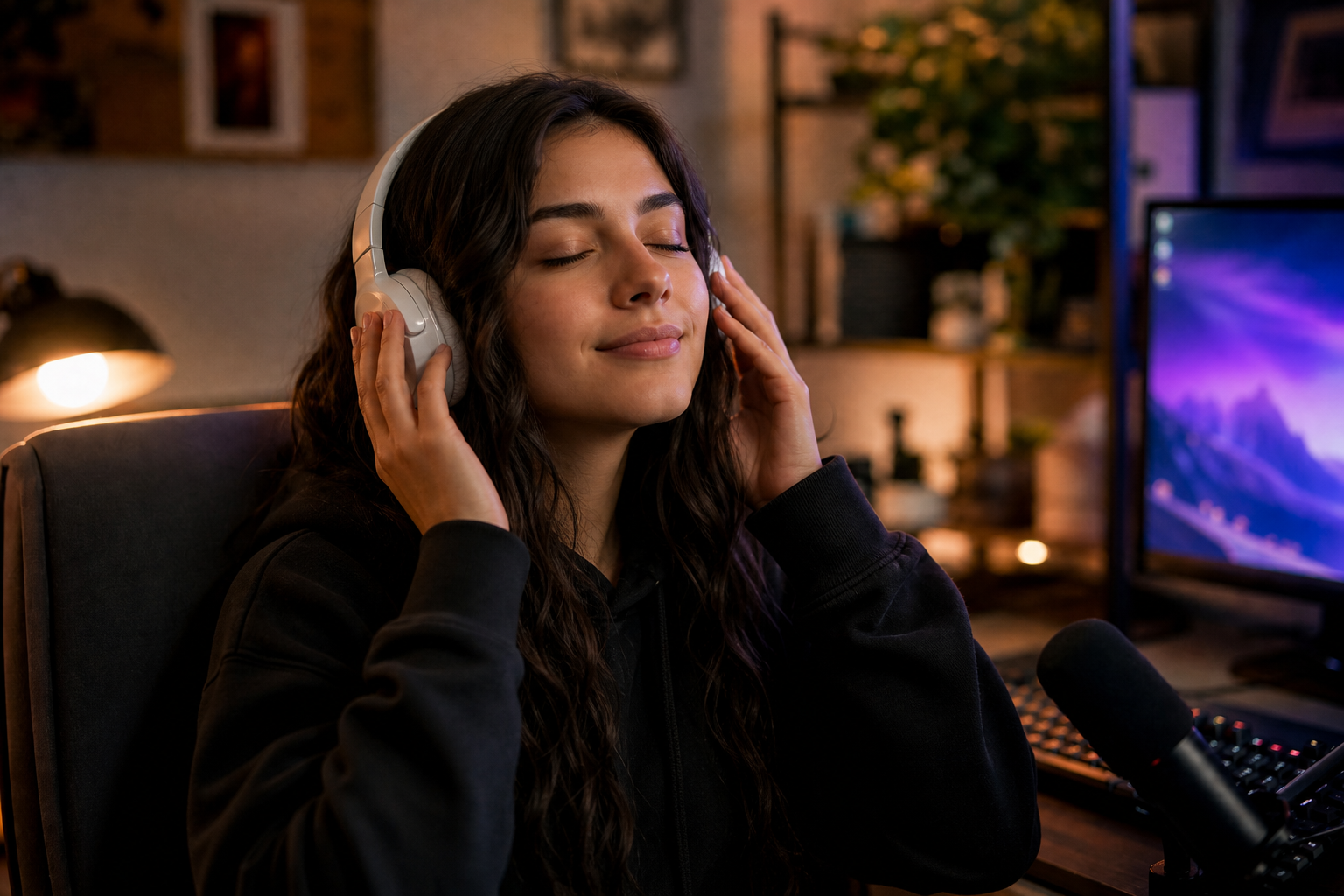 Young woman immersed in music at a home studio desk with white headphones