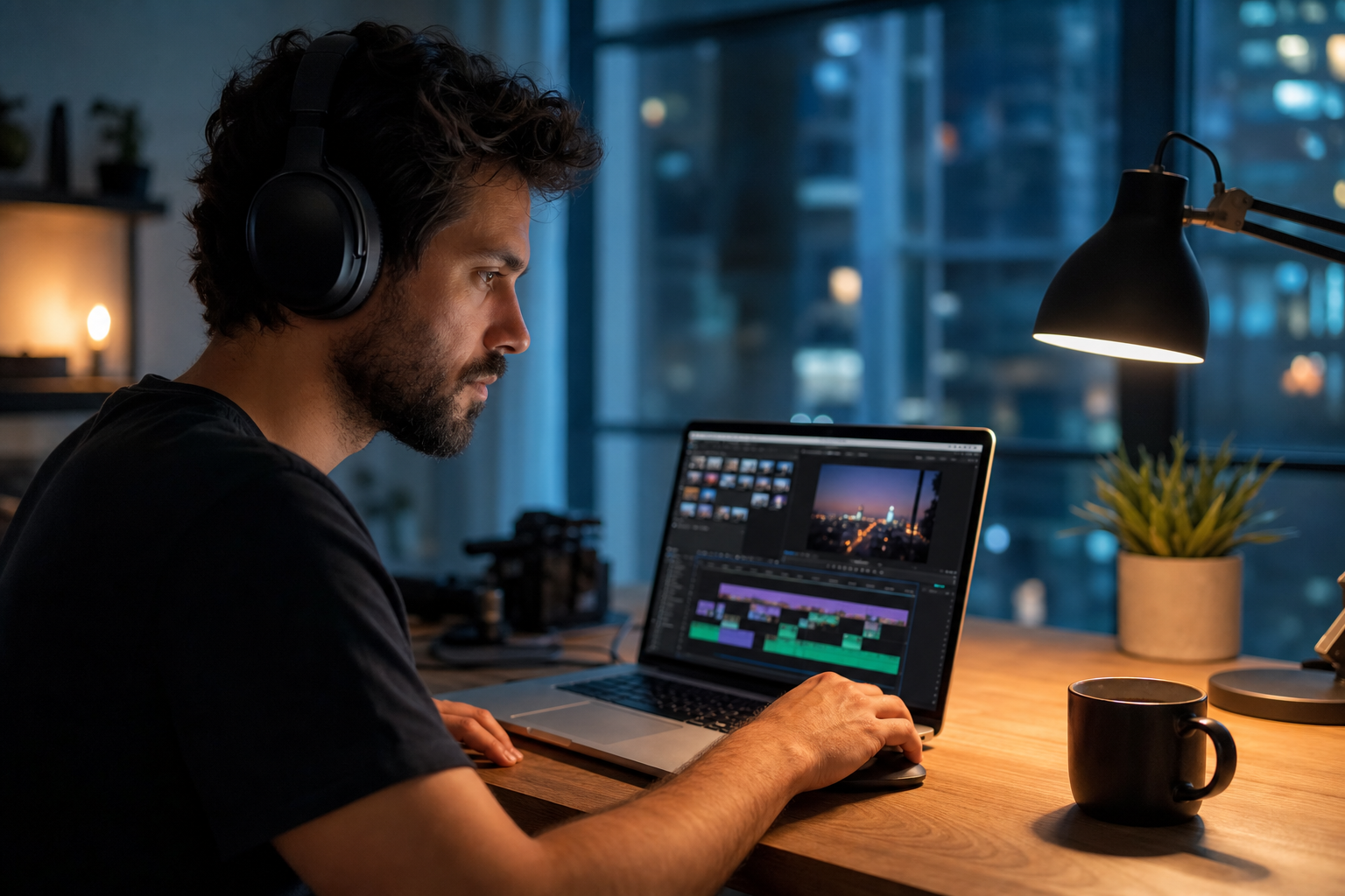 Creator editing video at a laptop while wearing headphones