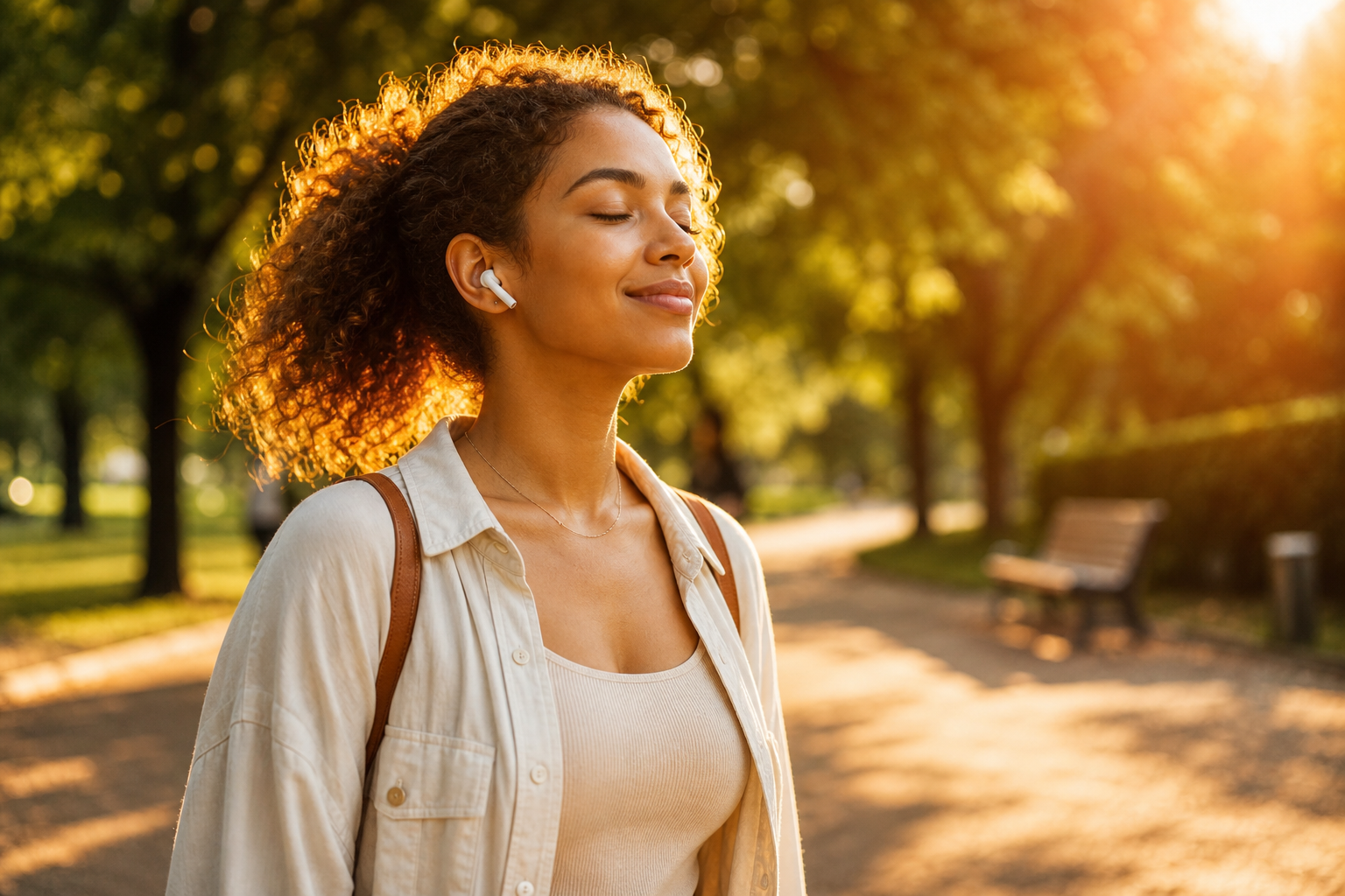 Person enjoying music with wireless earbuds outdoors at golden hour