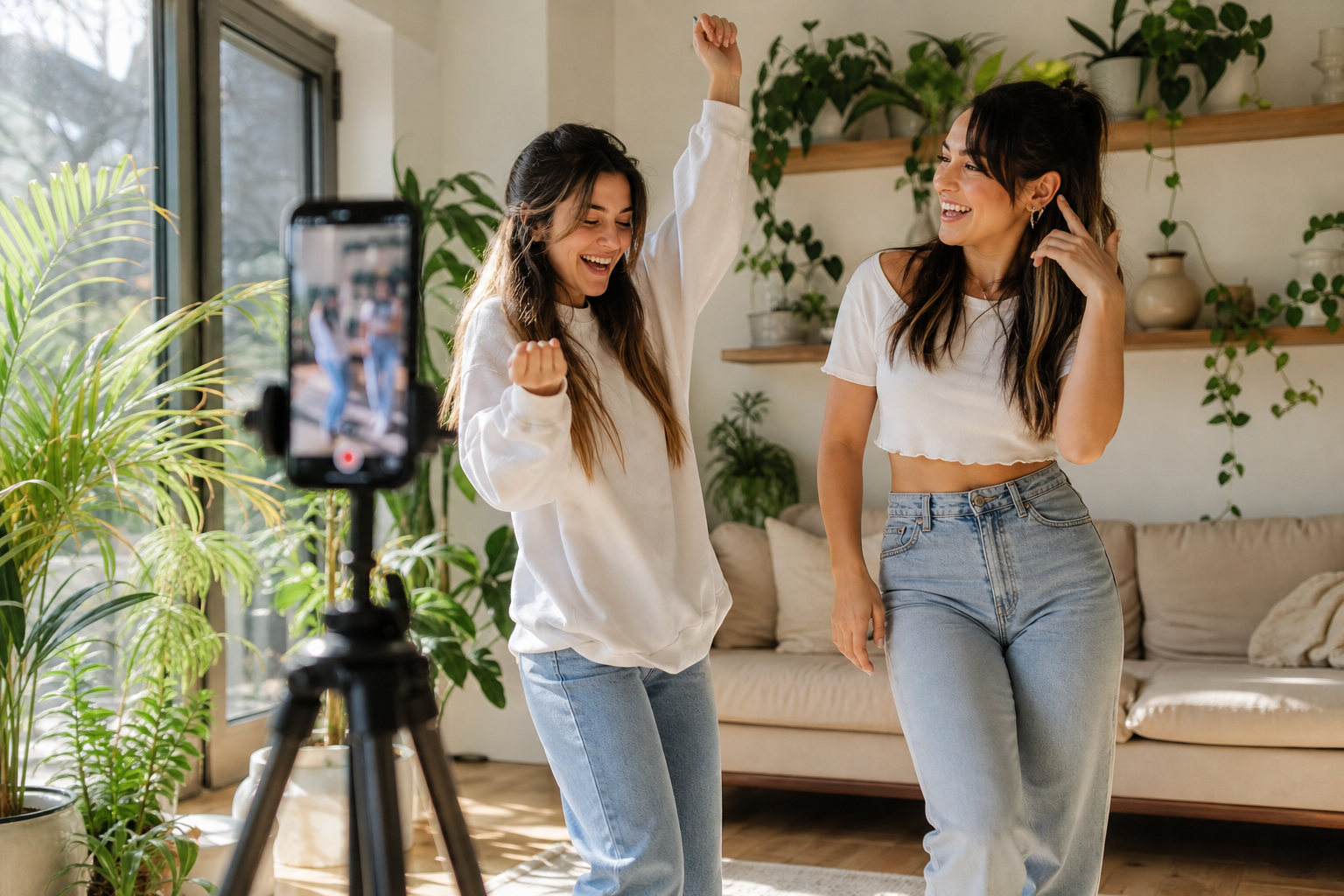 Two creators filming a collaborative Instagram Reel with phone on tripod in bright living room