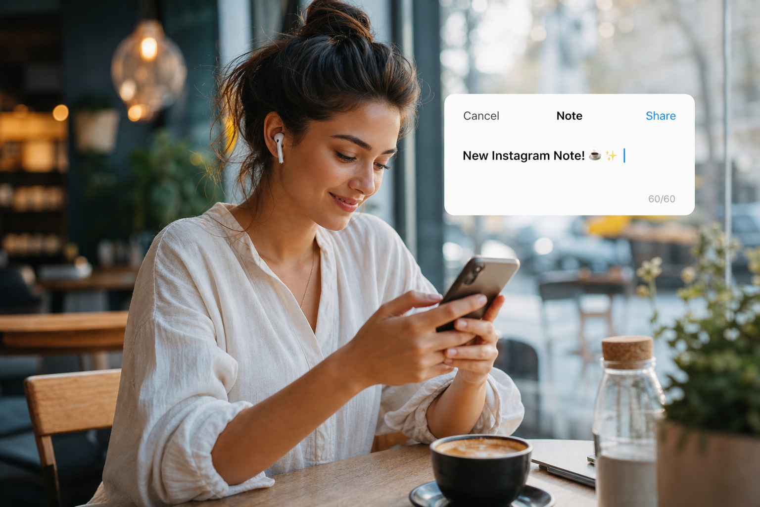 Young woman posting an Instagram Note on her phone with wireless earbuds in a bright cafe