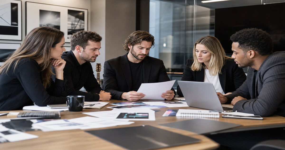 Marketing team reviewing music licensing documents for a brand video campaign