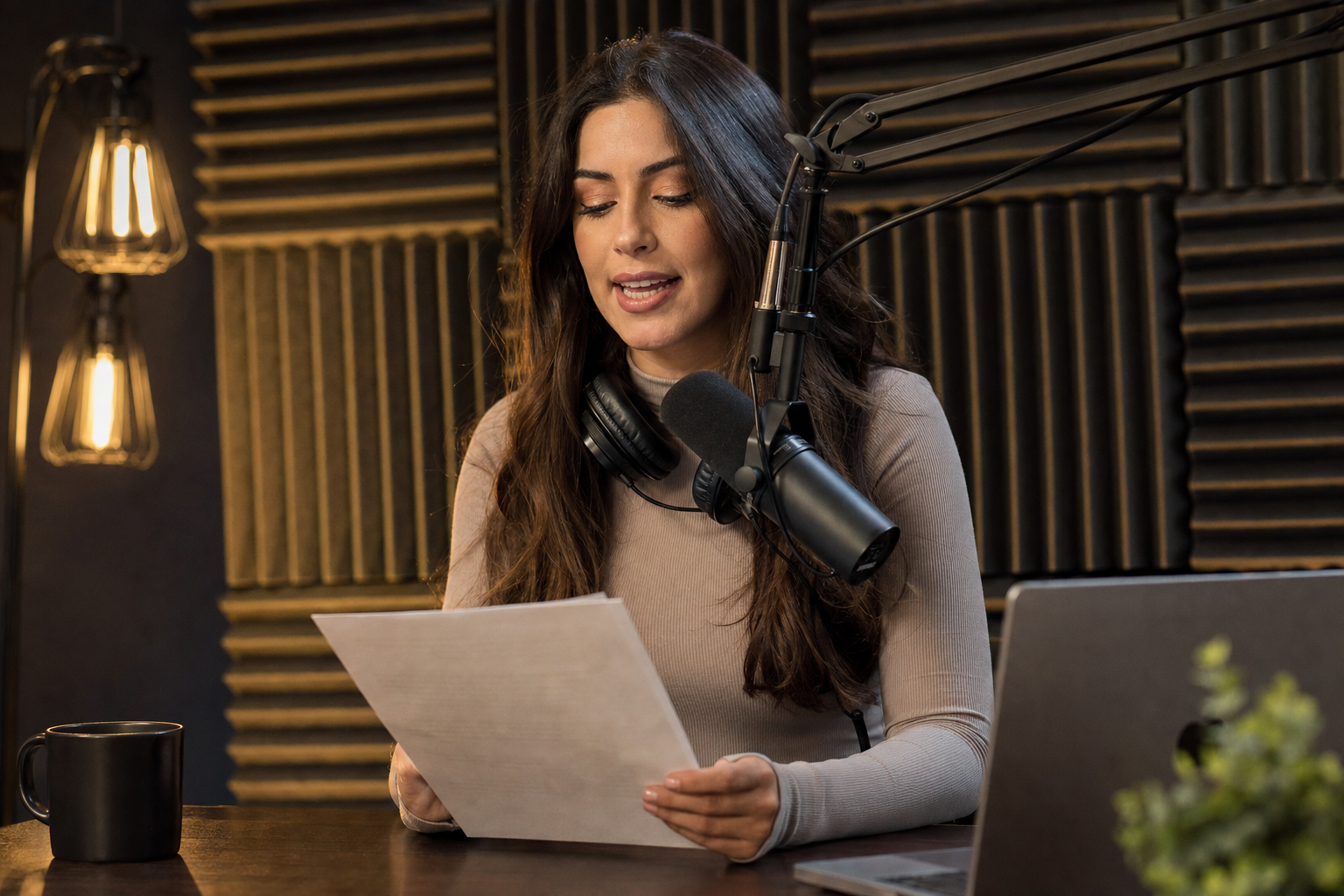 Young woman podcast host reading a sponsor script at a broadcast microphone