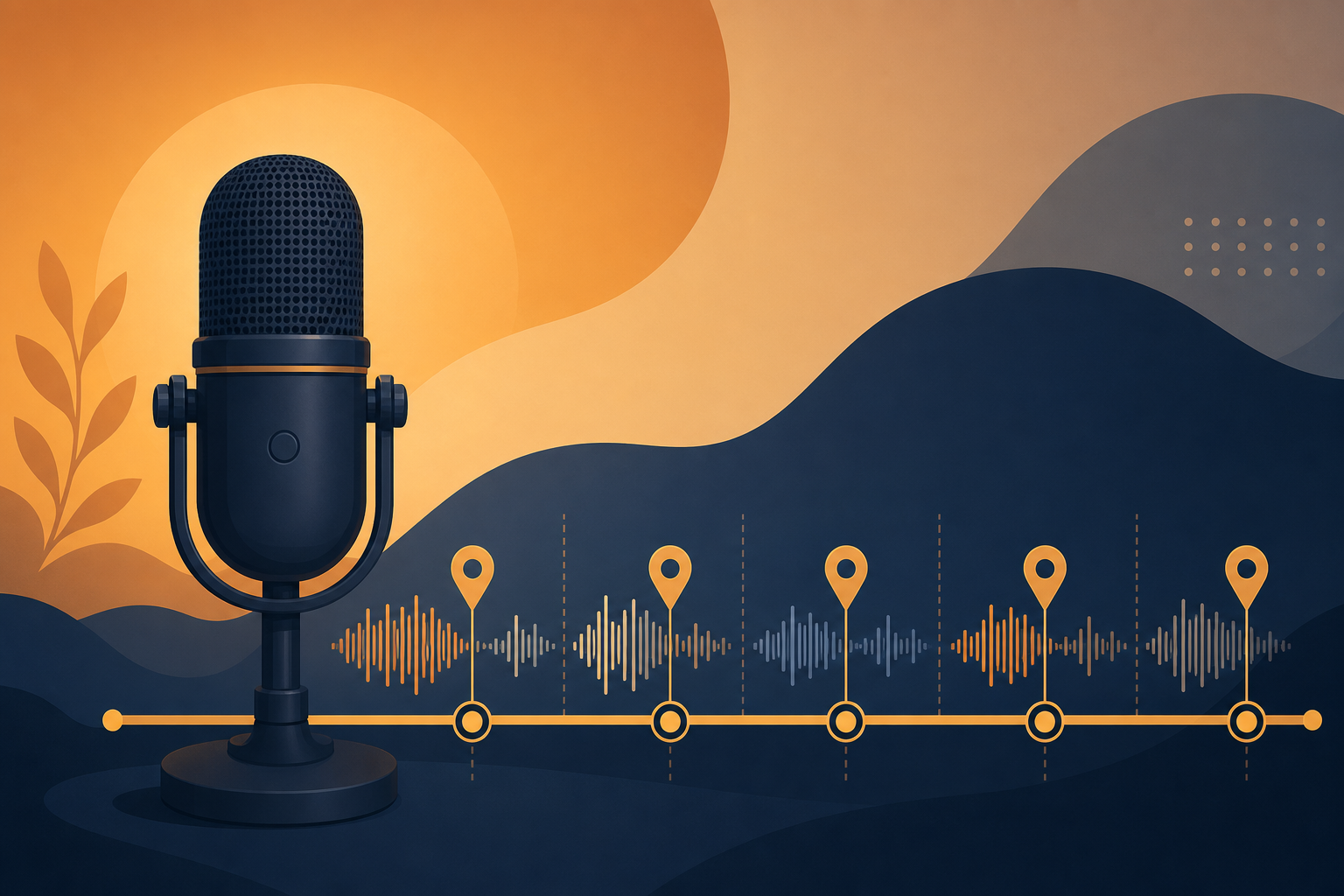 Podcast editing timeline with chapter marker stings between interview segments