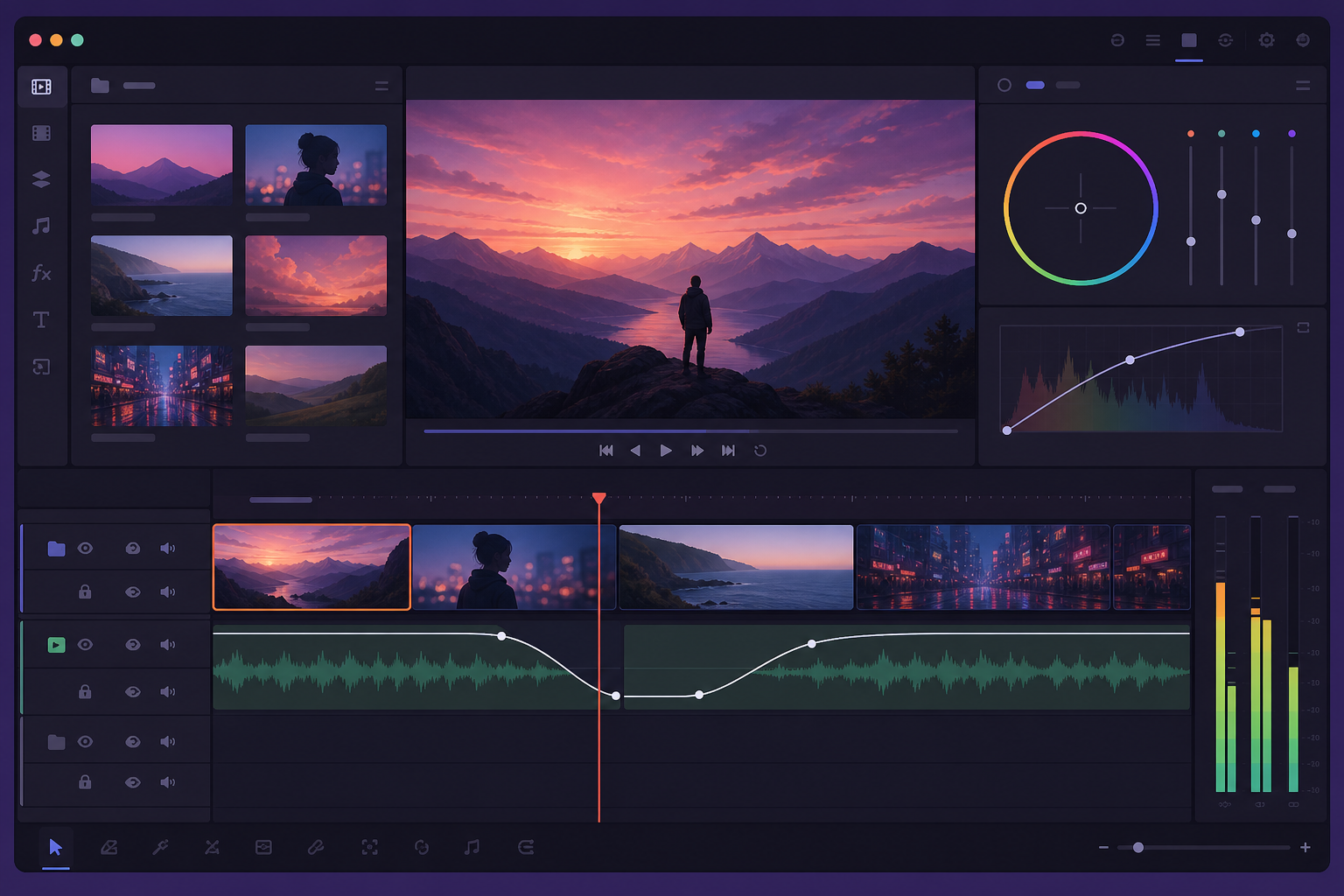 DaVinci Resolve Fairlight timeline with smooth audio fade curves between music clips