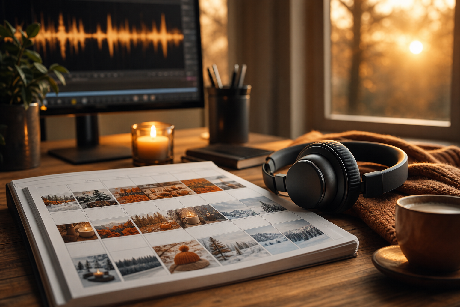 Content calendar with seasonal themes and warm festive music waveforms