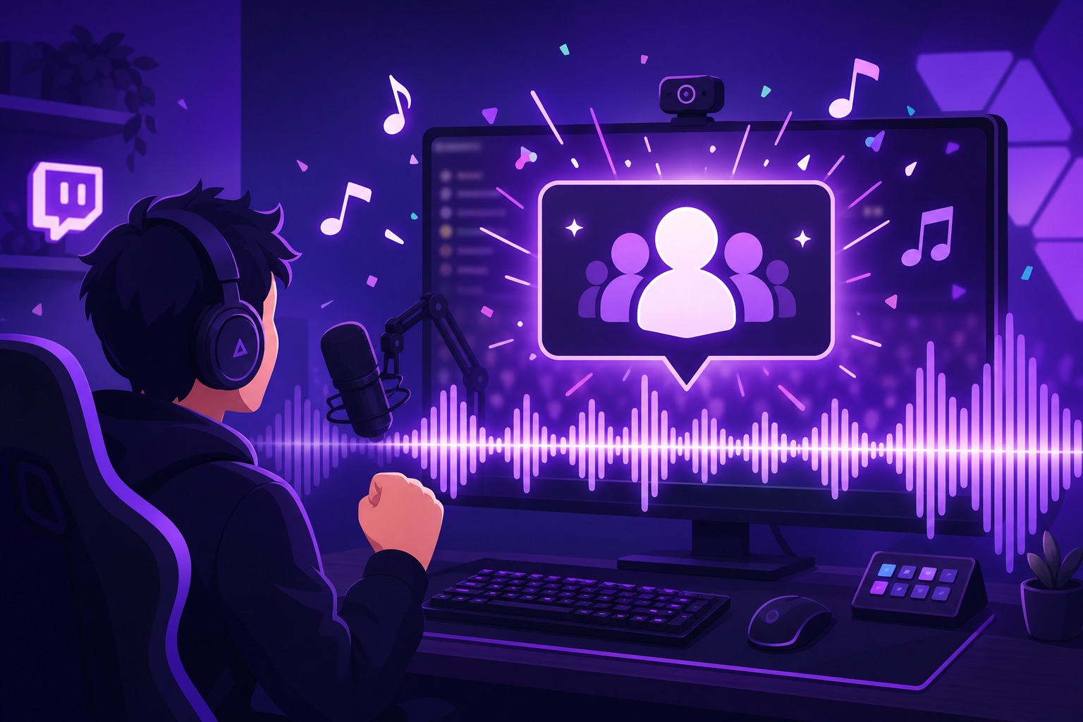 Twitch stream with raid notification and celebratory welcome music waveform