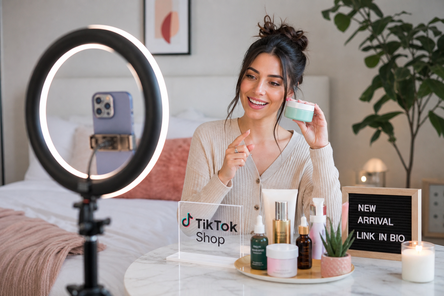 Young woman filming a TikTok Shop product demo with ring light and smartphone