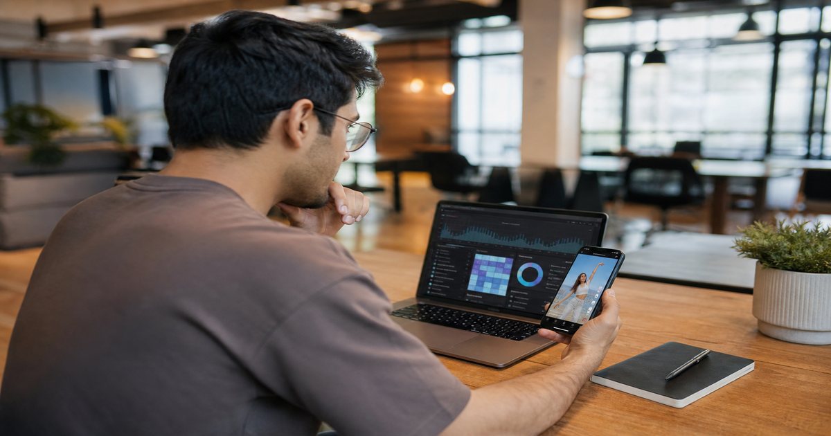 TikTok creator browsing trending sounds alongside royalty-free alternatives on a laptop
