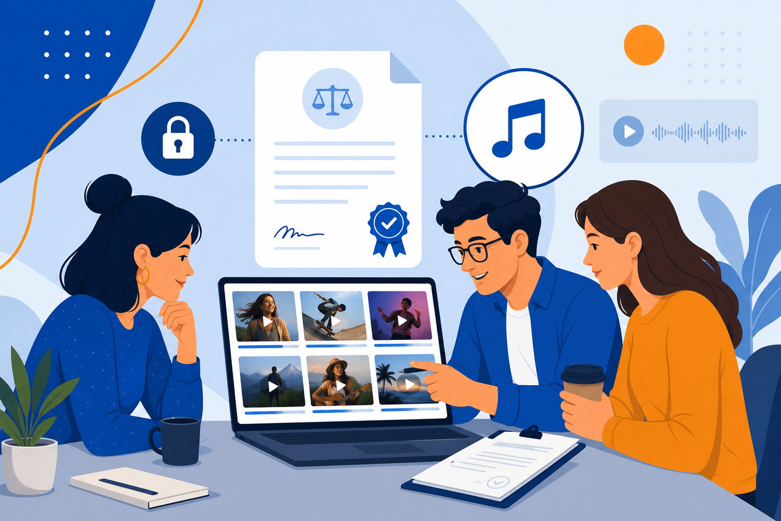 Marketing team reviewing UGC videos with music license documentation on a laptop