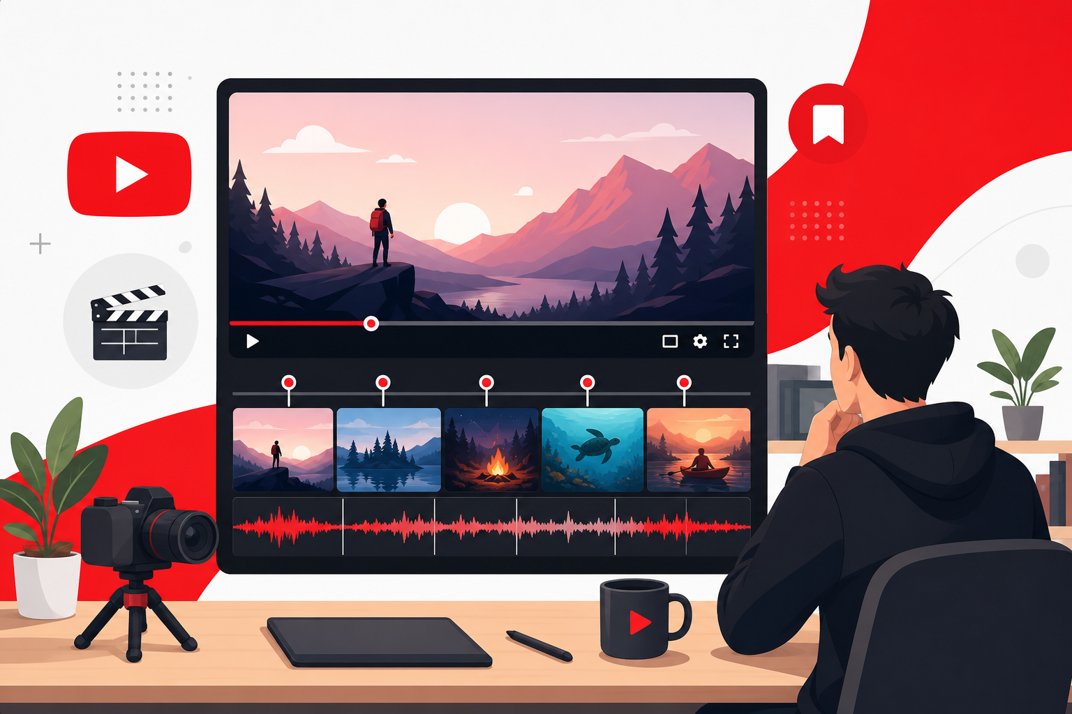 YouTube video timeline with chapter markers and background music segments