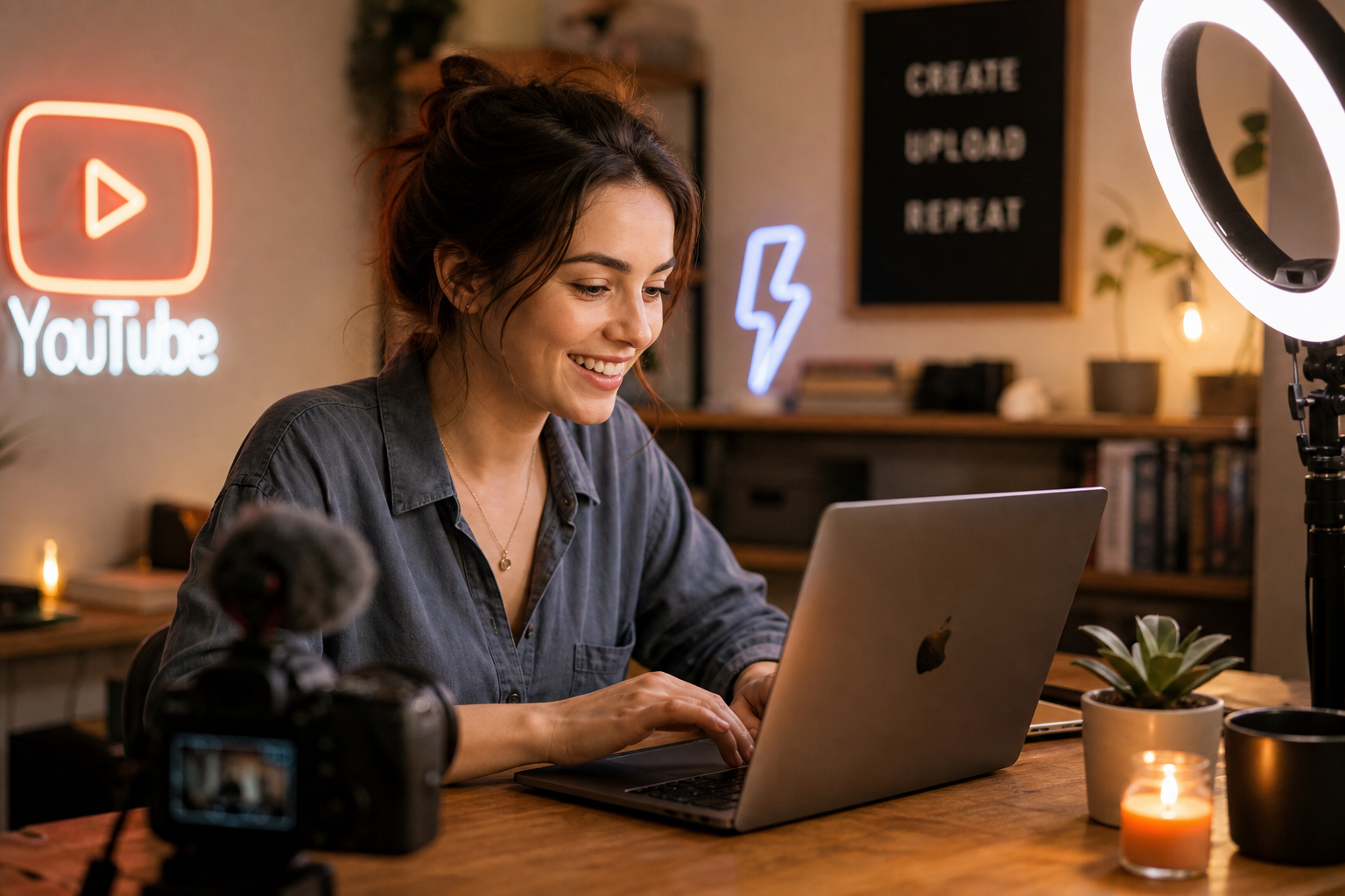 Young woman YouTuber creating a Community tab post on laptop with camera nearby