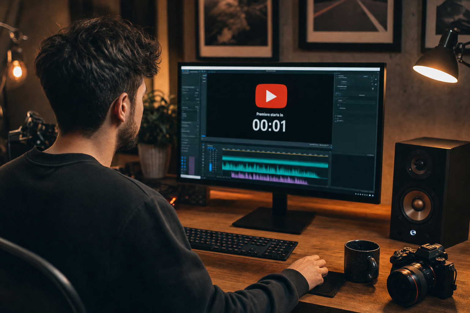 Creator at desk watching YouTube Premiere countdown with music waveform on monitor